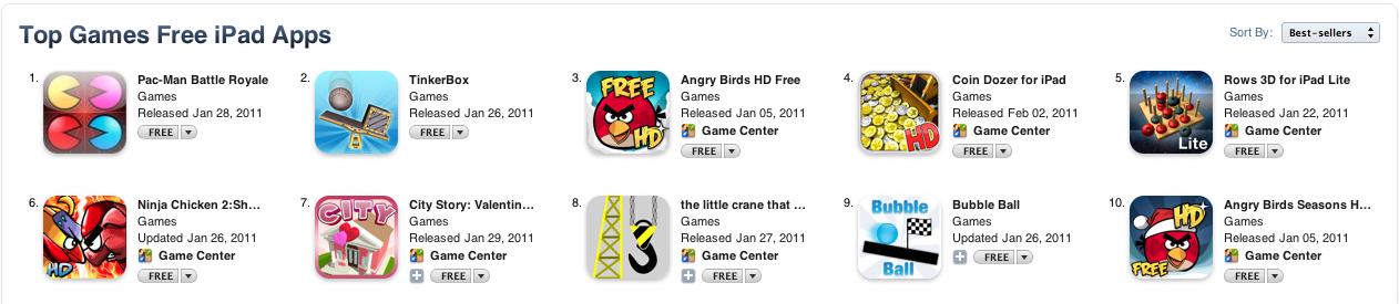 Screen shot of the AppStore in early 2011.  Tinkerbox is ahead of Angry Birds!
