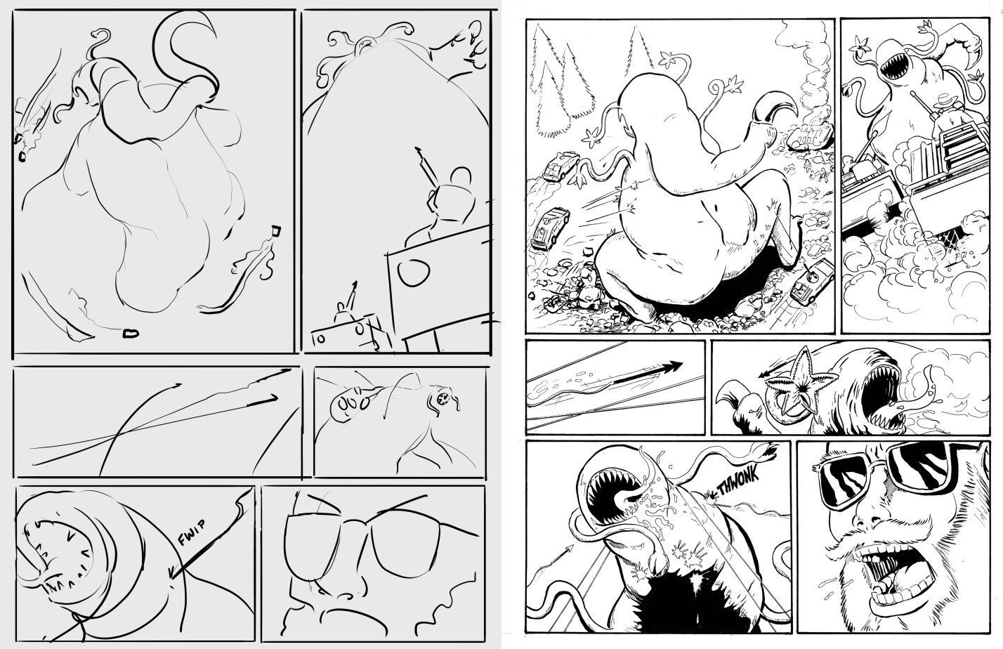 Rough layouts, left. Final illustrations, right. See here for more rough layouts